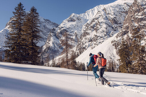 Explore the wintry scenery of the Falzturnthal in the Nature Park Karwendel on snowshoes.