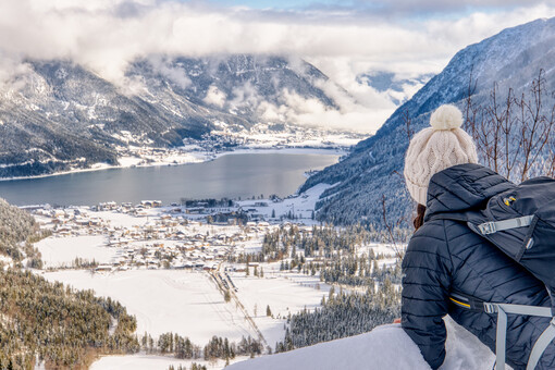 Beautiful view over the snow-covered village of Pertisau,  Lake Achensee and the village of Maurach.