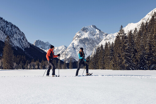 Explore the wintry scenery of the Nature Park Karwendel on snowshoes.